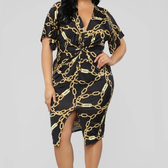 Fashion Nova| Black V-Neck Midi Dress With Gold Toned Chain Link Pattern - Picture 3 of 14